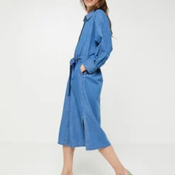 ESPRIT Robe Longue Ceinturée, Manches 3/4 - Bleu -Promos Sublisca Magasin 001000691 001 V3 T4