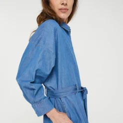 ESPRIT Robe Longue Ceinturée, Manches 3/4 - Bleu -Promos Sublisca Magasin 001000691 001 V4 T4