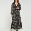 Vero Moda Robe Longue Ceinturée En Voile Fleuri - Noir
