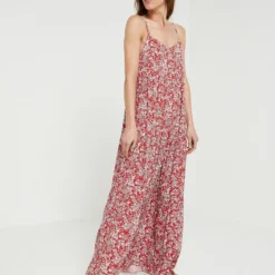 Robe Longue Volantée À Fines Bretelles - Rouge