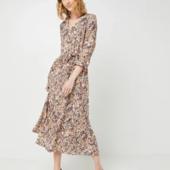 Robe Longue Volantée,motif Fleuri - Camel -Promos Sublisca Magasin 001001019 001 V3 T4