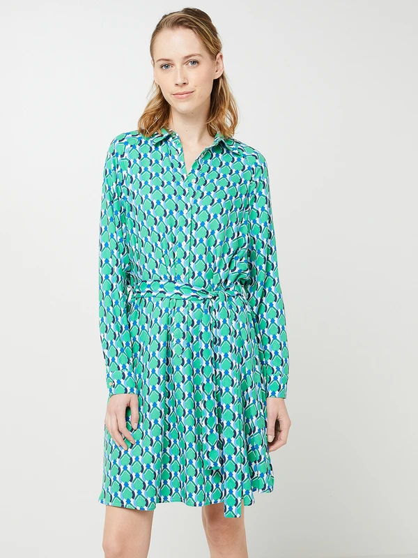 Robe Chemise Fluide, Imprimé Graphique - Vert 1 Robe Chemise Fluide, Imprimé Graphique - Vert