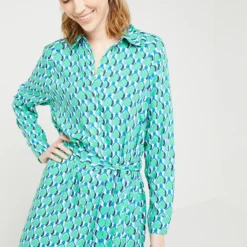 Robe Chemise Fluide, Imprimé Graphique - Vert 7 Robe Chemise Fluide, Imprimé Graphique - Vert -Promos Sublisca Magasin 001001021 001 V4 T4