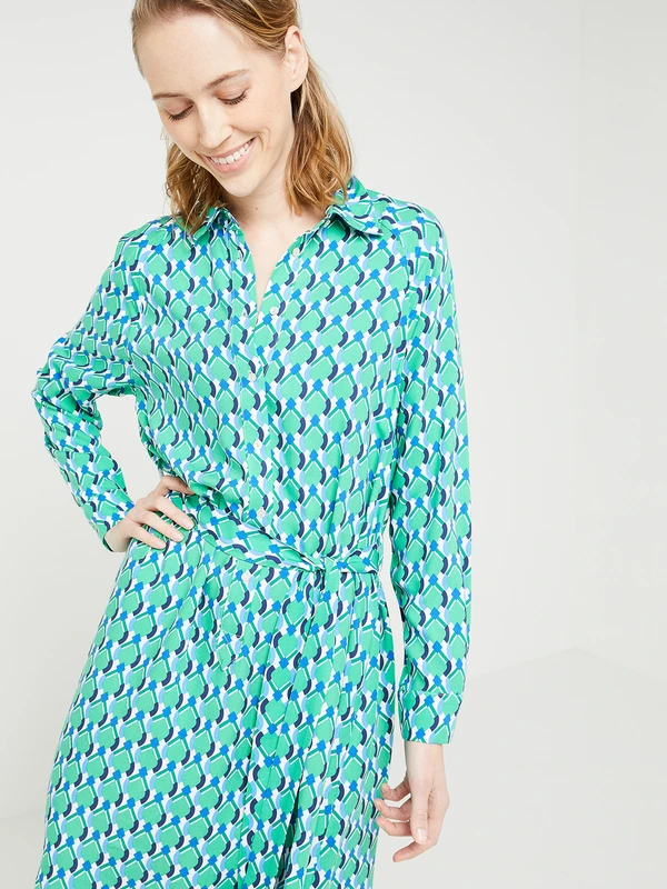 Robe Chemise Fluide, Imprimé Graphique - Vert 4 Robe Chemise Fluide, Imprimé Graphique - Vert – Image 4