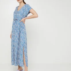 Robe Longue Fleurs Monochromes - Bleu