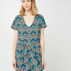 Molly Bracken Robe Courte Imprimé Palmettes, Jupe Drapée - Black