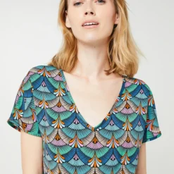 Molly Bracken Robe Courte Imprimé Palmettes, Jupe Drapée - Black -Promos Sublisca Magasin 001001026 001 V4 T4