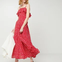 Molly Bracken Robe Longue Évasée Volantée, Imprimé Coeur - Rouge -Promos Sublisca Magasin 001001030 001 V3 T4