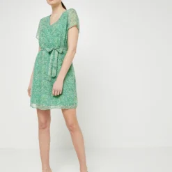 ONLY Robe Droite En Voile Imprimé Végétal, Décolleté Dos - Vert -Promos Sublisca Magasin 001001179 001 V3 T4