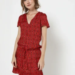 Ikks Robe Taille Basse Volantée - Rouge Bordeaux