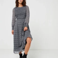 MEXX Robe Smockée En Voile Imprimé - Noir -Promos Sublisca Magasin 001004423 001 V2 T4