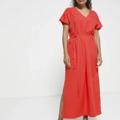 Vila Robe Longue Ceinturée En Lyocell - Rouge