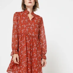 Robe Babydoll En Voile Motifs Fleurs Et Fils Métallisés - Brique