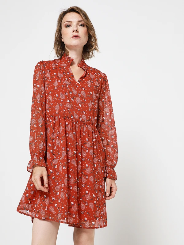 Robe Babydoll En Voile Motifs Fleurs Et Fils Métallisés - Brique 1 Robe Babydoll En Voile Motifs Fleurs Et Fils Métallisés - Brique