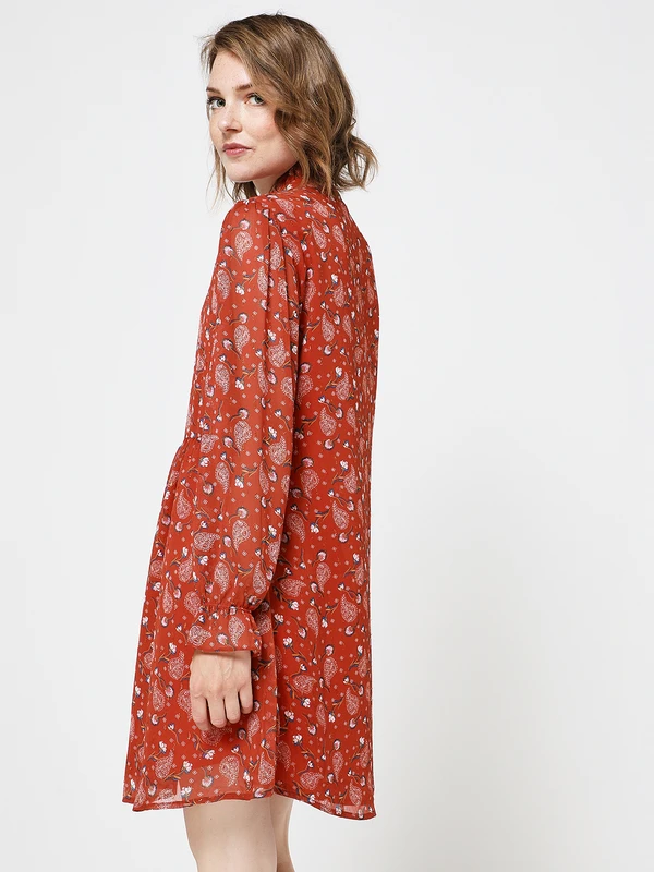 Robe Babydoll En Voile Motifs Fleurs Et Fils Métallisés - Brique 2 Robe Babydoll En Voile Motifs Fleurs Et Fils Métallisés - Brique – Image 2