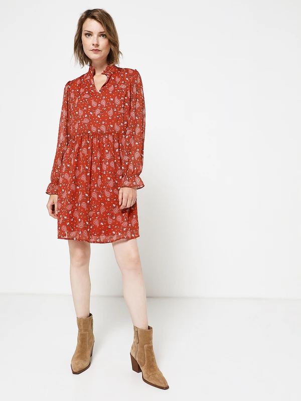 Robe Babydoll En Voile Motifs Fleurs Et Fils Métallisés - Brique 3 Robe Babydoll En Voile Motifs Fleurs Et Fils Métallisés - Brique – Image 3