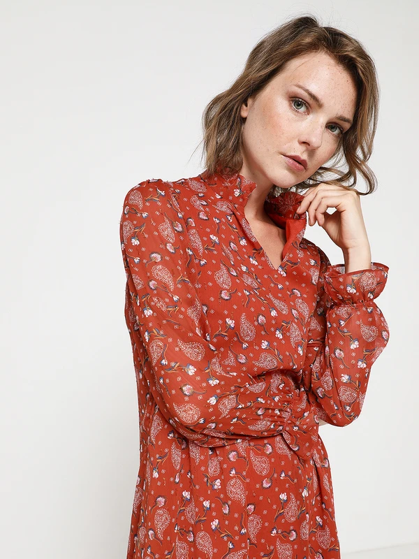 Robe Babydoll En Voile Motifs Fleurs Et Fils Métallisés - Brique 4 Robe Babydoll En Voile Motifs Fleurs Et Fils Métallisés - Brique – Image 4