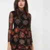 Desigual Robe En Résille Imprimée Jupe Plissée - Noir