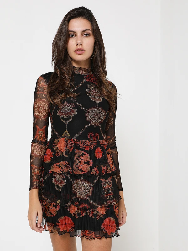 Desigual Robe En Résille Imprimée Jupe Plissée - Noir 1 Desigual Robe En Résille Imprimée Jupe Plissée - Noir