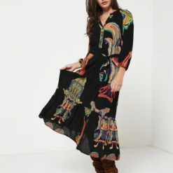 Desigual Robe Longue En Tissu Fluide Imprimé - Noir
