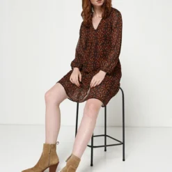 Robe Blousante Doublée En Voile Imprimé - Marron -Promos Sublisca Magasin 001004493 001 V3 T4