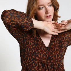 Robe Blousante Doublée En Voile Imprimé - Marron -Promos Sublisca Magasin 001004493 001 V4 T4