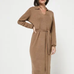 Vila Robe En Tricot Jersey Uni - Camel