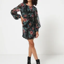 Molly Bracken Robe Ceinturée En Voile Imprimé Floral - Noir -Promos Sublisca Magasin 001004512 001 V3 T4