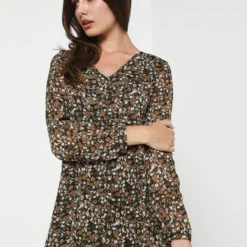 ONLY Robe Chemise Imprimée Fleurs - Vert Kaki -Promos Sublisca Magasin 001004552 001 V4 T4