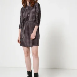 Ikks Robe Blousante Ceinturée À Carreaux - Bleu Marine -Promos Sublisca Magasin 001004567 001 V3 T4