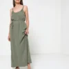 Vila Robe Longue À Bretelles Avec Lin - Vert Kaki
