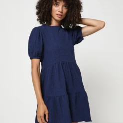Desigual Robe Babydoll En Tissu Crépon Uni - Bleu