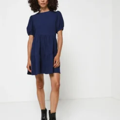 Desigual Robe Babydoll En Tissu Crépon Uni - Bleu -Promos Sublisca Magasin 001004630 002 V3 T4