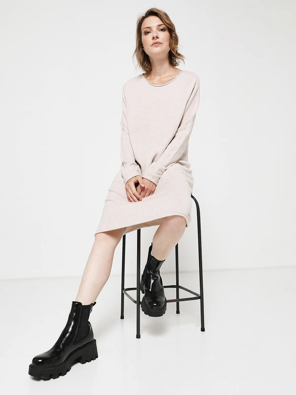 Robe Pull+ Écharpe À Pompons - Beige 3 Robe Pull+ Écharpe À Pompons - Beige – Image 3