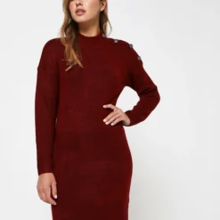Robe Pull, Col Montant - Rouge Bordeaux