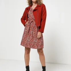 Robe Ceinturée, Col Tunisien - Rouge -Promos Sublisca Magasin 001009763 001 V3 T4