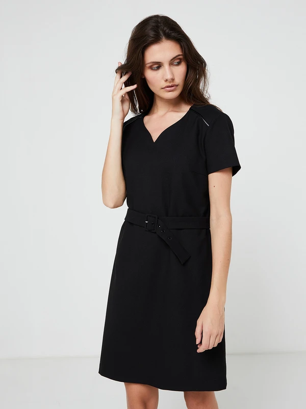 Robe Droite Avec Ceinture - Noir 1 Robe Droite Avec Ceinture - Noir