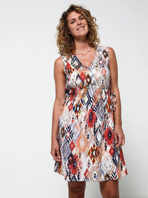 Robe Midi Imprimé, Taille Cintrée - Bleu 1 Robe Midi Imprimé, Taille Cintrée - Bleu