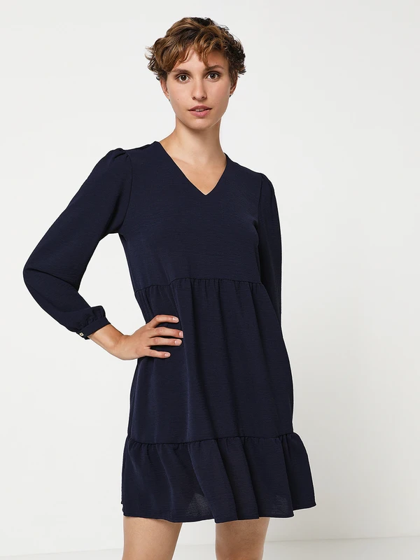 Robe Manches Longues En Voile De Crêpe Volantée - Bleu Marine 1 Robe Manches Longues En Voile De Crêpe Volantée - Bleu Marine