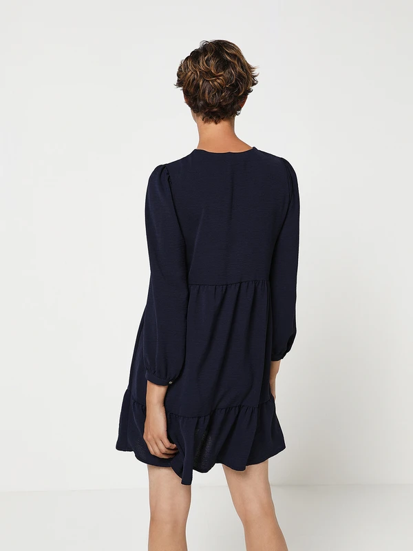 Robe Manches Longues En Voile De Crêpe Volantée - Bleu Marine 2 Robe Manches Longues En Voile De Crêpe Volantée - Bleu Marine – Image 2