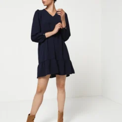 Robe Manches Longues En Voile De Crêpe Volantée - Bleu Marine 6 Robe Manches Longues En Voile De Crêpe Volantée - Bleu Marine -Promos Sublisca Magasin 001009821 001 V3 T4