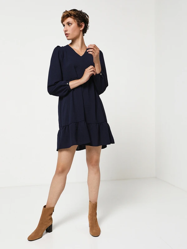 Robe Manches Longues En Voile De Crêpe Volantée - Bleu Marine 3 Robe Manches Longues En Voile De Crêpe Volantée - Bleu Marine – Image 3