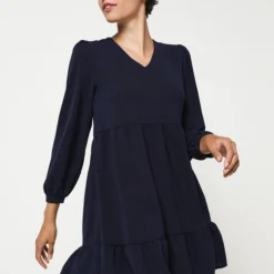 Robe Manches Longues En Voile De Crêpe Volantée - Bleu Marine 7 Robe Manches Longues En Voile De Crêpe Volantée - Bleu Marine -Promos Sublisca Magasin 001009821 001 V4 T4