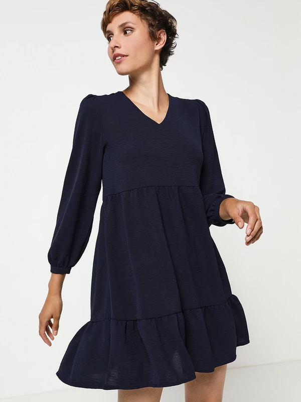 Robe Manches Longues En Voile De Crêpe Volantée - Bleu Marine 4 Robe Manches Longues En Voile De Crêpe Volantée - Bleu Marine – Image 4