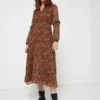 Robe Longue Blousante À Imprimé Cachemire - Marron