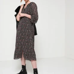 Robe Longue En Voile, Imprimé Floral - Noir