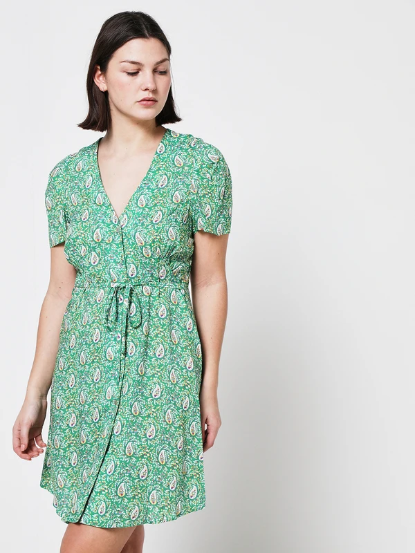 Robe Courte Boutonnée À Motifs Métallisés - Vert 1 Robe Courte Boutonnée À Motifs Métallisés - Vert