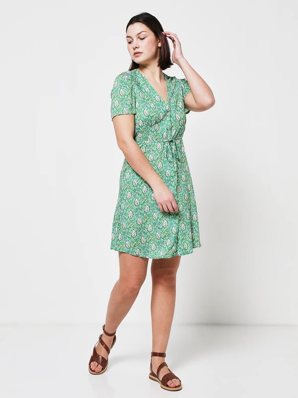 Robe Courte Boutonnée À Motifs Métallisés - Vert 3 Robe Courte Boutonnée À Motifs Métallisés - Vert – Image 3