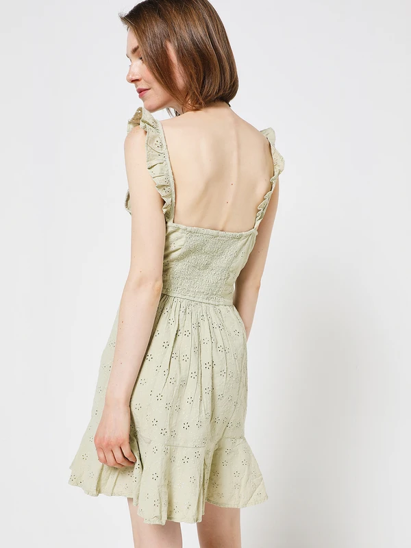 Guess Robe Volantée En Broderie Anglaise - Vert Kaki 4 Guess Robe Volantée En Broderie Anglaise - Vert Kaki – Image 4