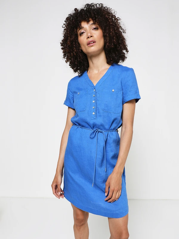 Robe Ceinturée En 100% Lin - Bleu 1 Robe Ceinturée En 100% Lin - Bleu
